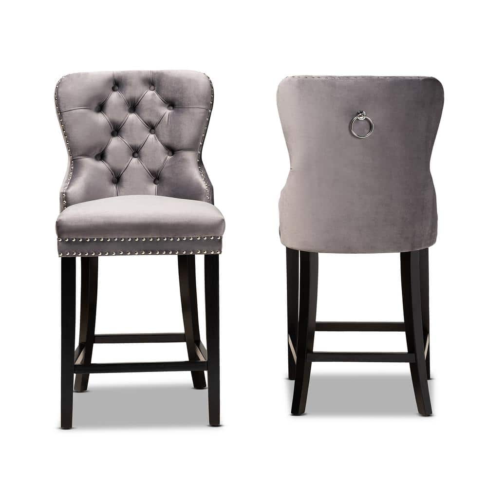 Gray Velvet and Dark Brown Wood Quilted Counter Stools, Set of 2
