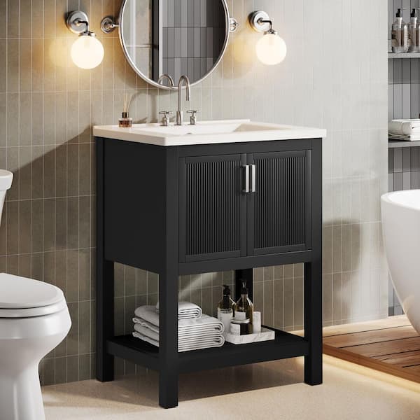 24 in. Single Sink Freestanding Black Bath Vanity with White Cultured Marble Top