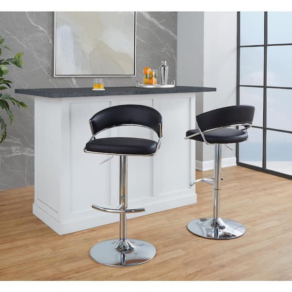 Lumisource Jie 32.5 in. Black Faux Leather and Chrome Metal Adjustable Metal Bar Stool with Rounded T-Footrest (Set of 2)