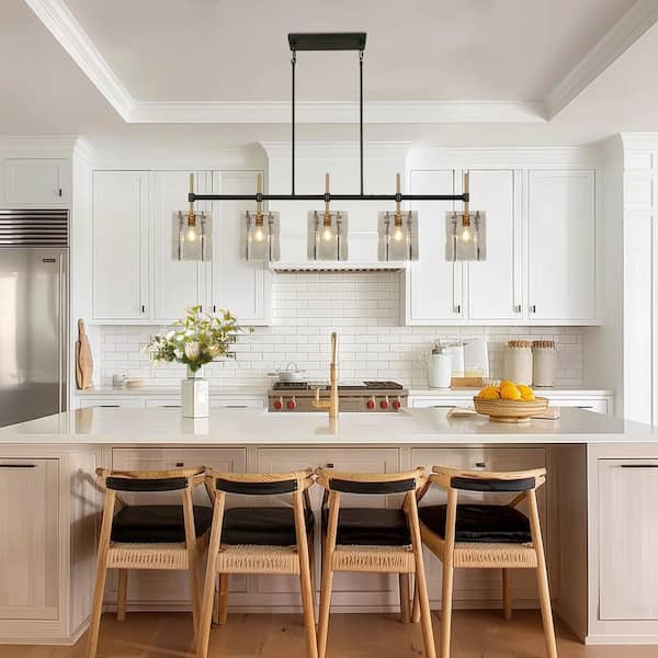 Echonalyri Modern 5-Light Matte Black and Plated Brass Island Chandelier with Gray Textured Glass Shades for Dining Room