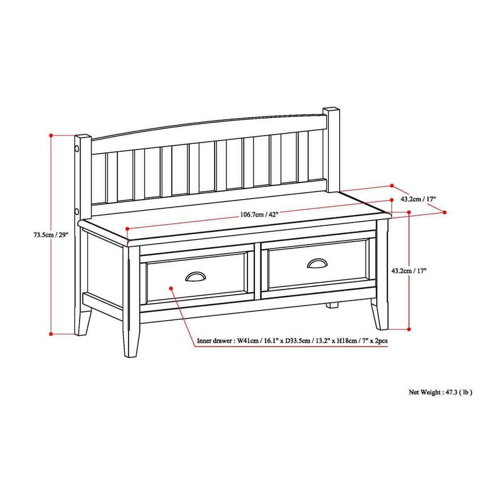Black Solid Wood Entryway Bench with Storage Drawers