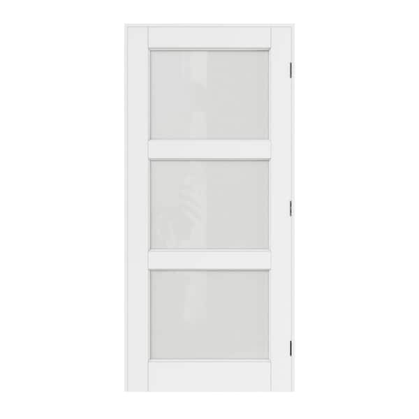 36 in. x 80 in. 3-Lite Frosted Glass Left White Solid Core Wood Single Prehung Interior Door with Quick Assemble Jamb