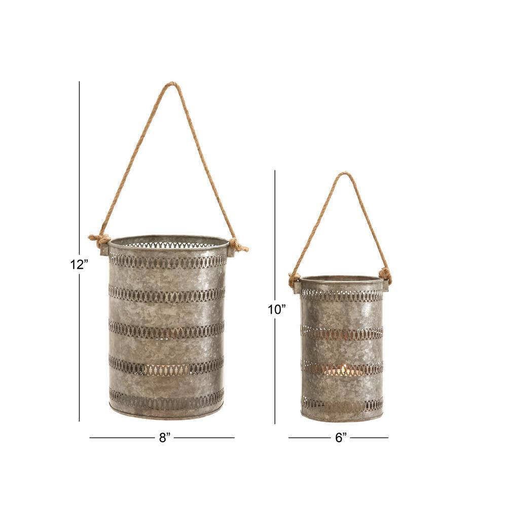 Elegant Coastal Grey Metal Candle Lantern Set, 10" and 12"
