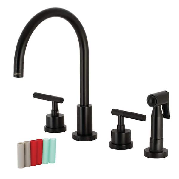 Kaiser 2-Handle Deck Mount Widespread Kitchen Faucets with Brass Sprayer in Matte Black