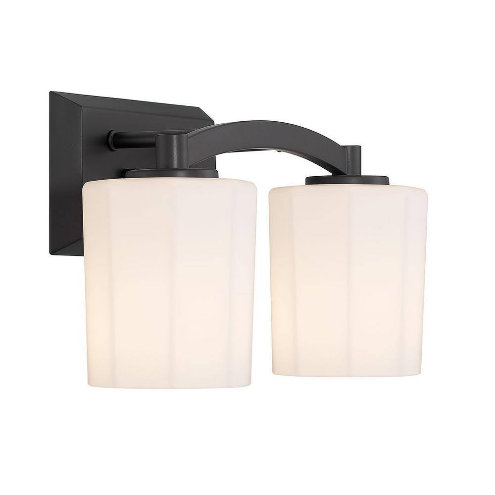 Matte Black 2-Light Vanity with Fluted Opal Glass Shades