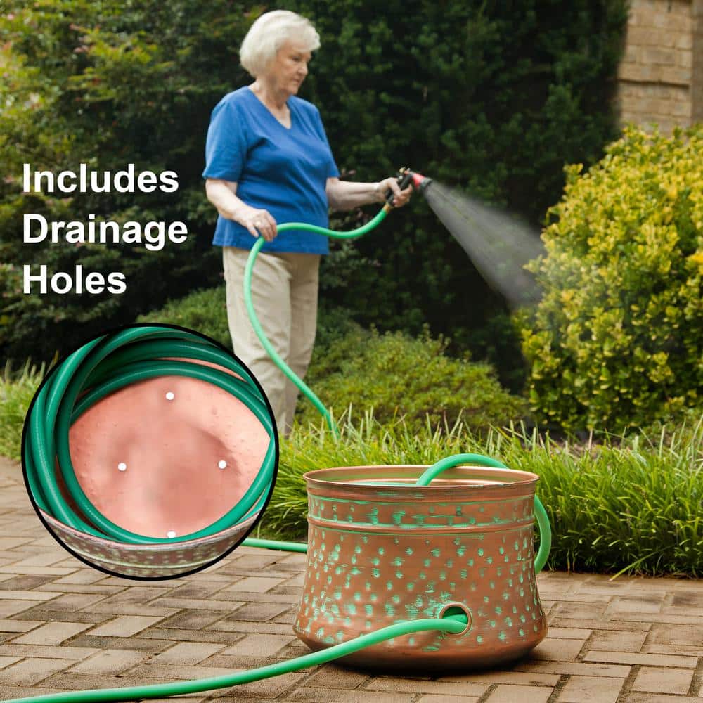 Hand-Hammered Patina Copper Garden Hose Storage Pot