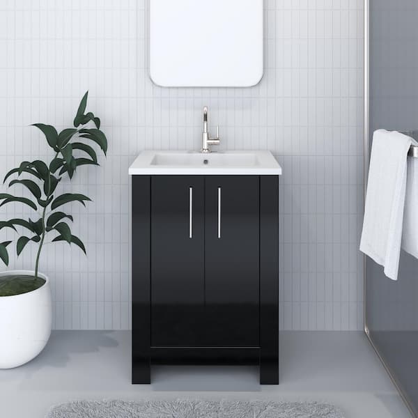 VOLPA USA AMERICAN CRAFTED VANITIES Austin 24 in. W x 20 in. D Bath Vanity in Glossy Black Acrylic Vanity Top in White with White Basin