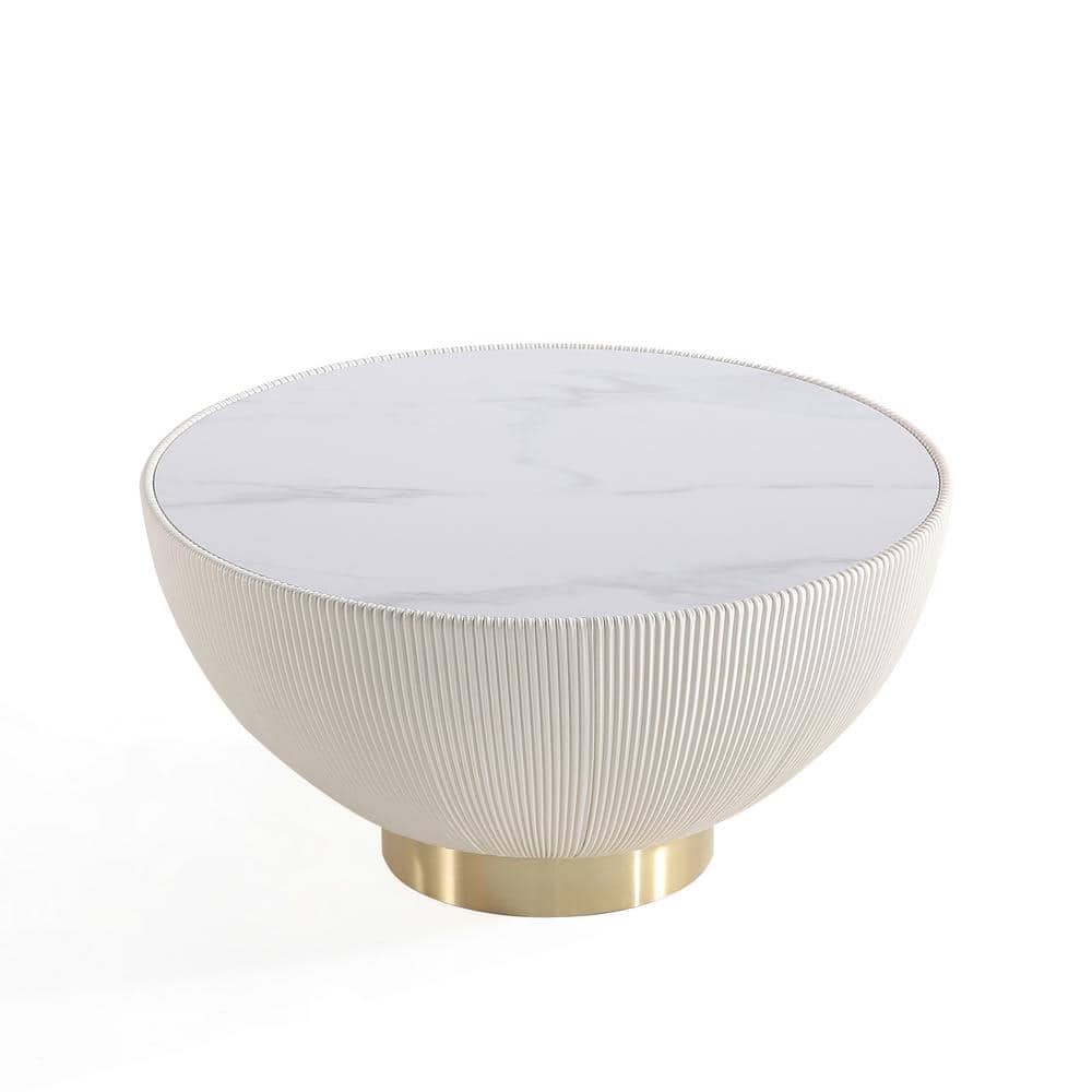 Cream Round Coffee Table with Faux Marble Top and Gold Base
