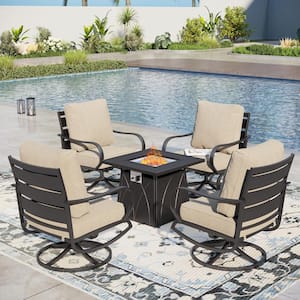 Black Metal 4-Seat 5-Piece Steel Outdoor Fire Pit Patio Set with Beige Cushions,Swivel Chairs and Square Fire Pit Table