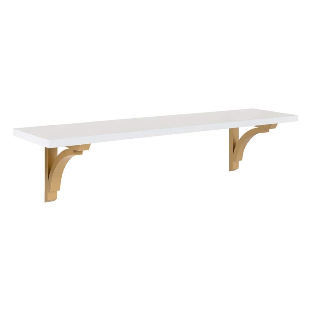 36" White and Gold Floating Wood Wall Shelf