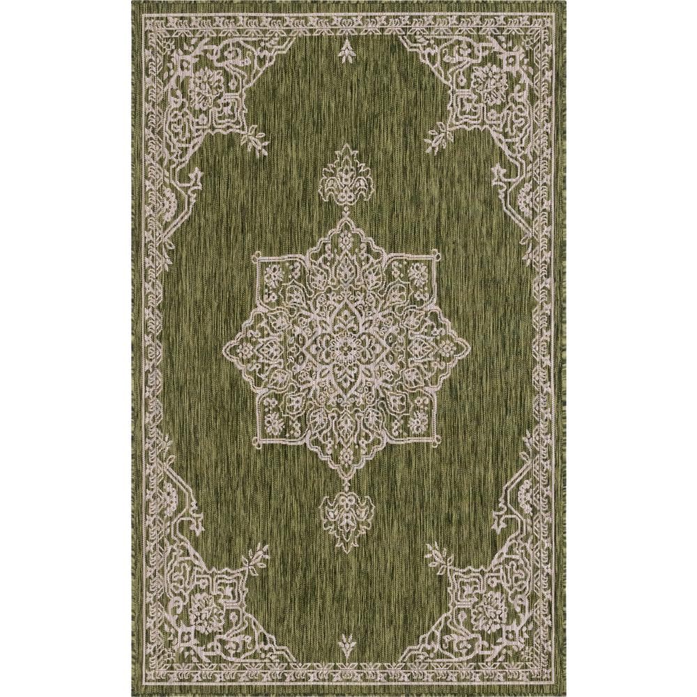 Green Rectangular Stain-Resistant Outdoor Area Rug