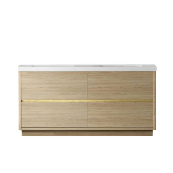 72 in. Freestanding Natural Oak Bath Vanity with Glossy White Solid Surface Top Assembled