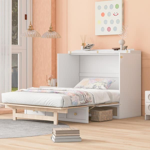 Harper & Bright Designs White Wood Frame Queen Size Murphy Bed with Large Drawer, Rattan Decoration