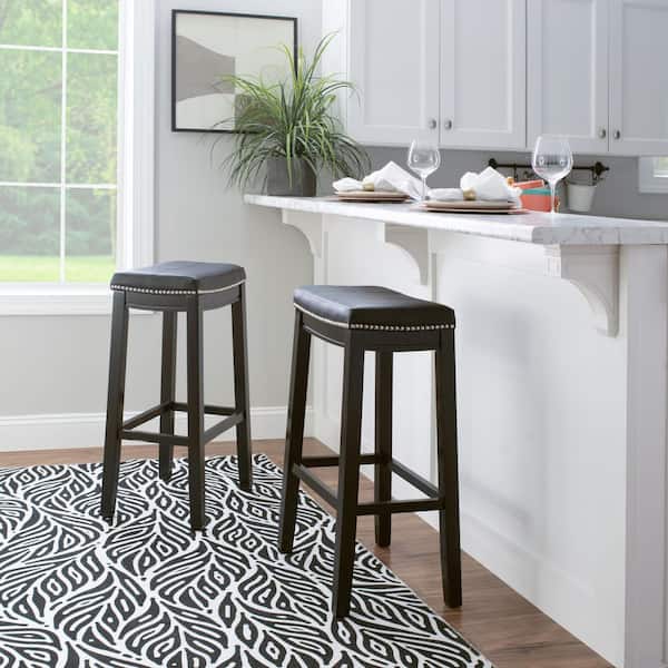 Concord 32 in. Black Backless Wood Bar Stool with Black Faux Leather Seat Set of 2