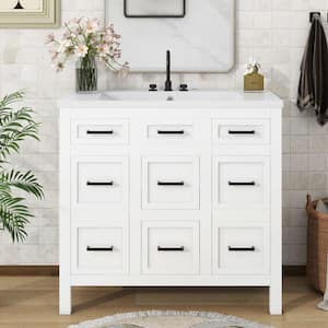 36 in. W Single Sink Freestanding Bath Vanity in White with White Solid Surface Top, 4 Drawers and 2 Doors