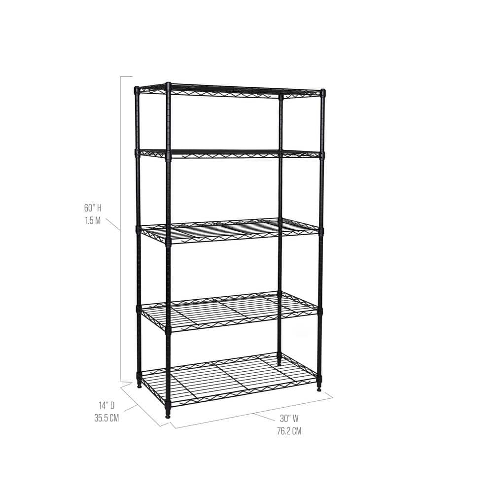 5-Tier Black Steel Wire Shelving Unit with Adjustable Shelves