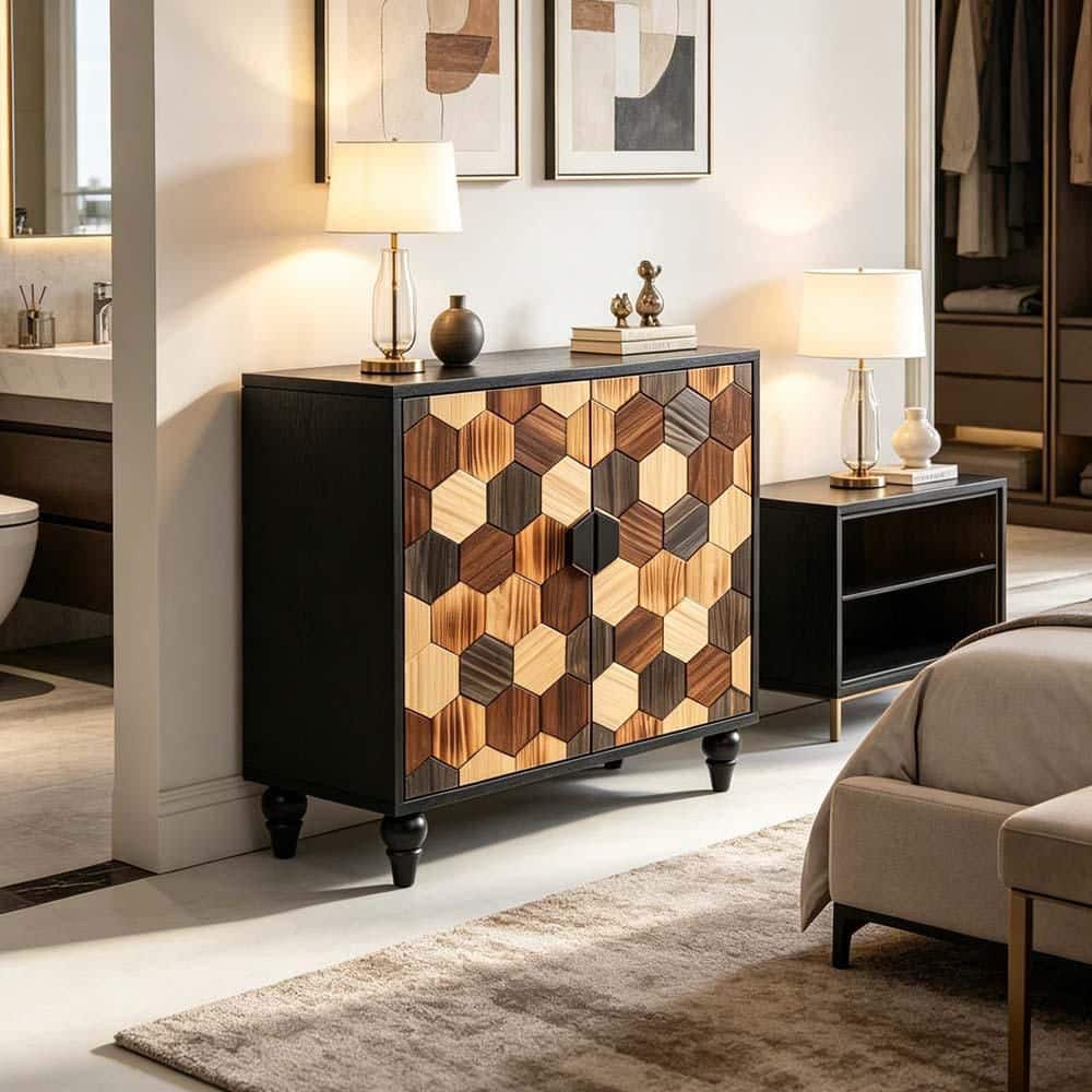 30 in. W Black Wood Buffets Sideboard with Honeycomb Pattern Accent Cabinet with Adjustable Shelves for Living Room