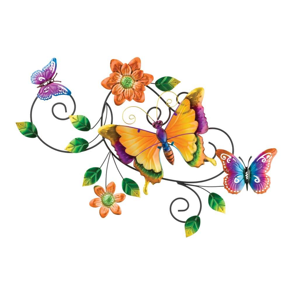 Vibrant Multicolor Metal Butterfly Wall Decor with Flowers