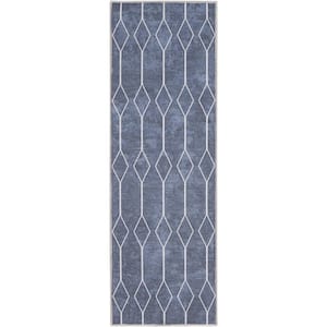 57 Grand Machine Washable Navy 2 ft. x 6 ft. Geometric Contemporary Runner Area Rug