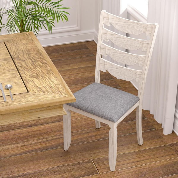 (Set of 4) Wooden Ladder Back Dining Chairs with Padded Seat, Gray Farmhouse Kitchen Chairs for Home, Restaurant