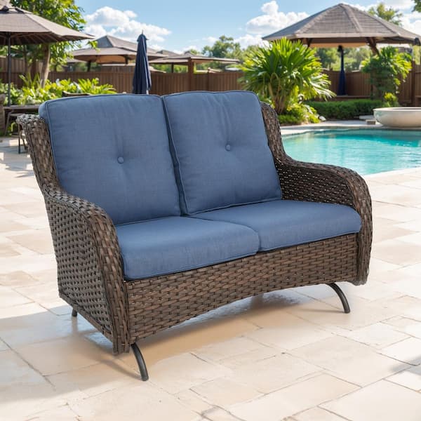 Brown PE Wicker Outdoor Loveseat with Blue Cushions and Glide Function