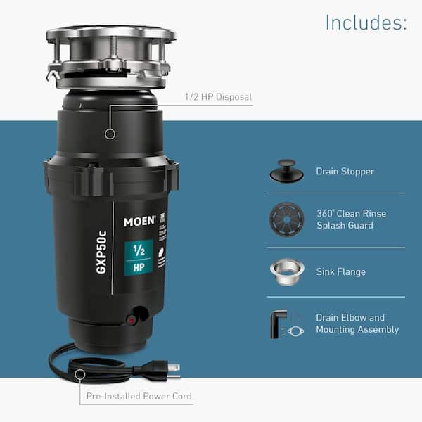 MOEN Prep Series 1/2 HP Continuous Feed Garbage Disposal including Stainless Drain Stopper