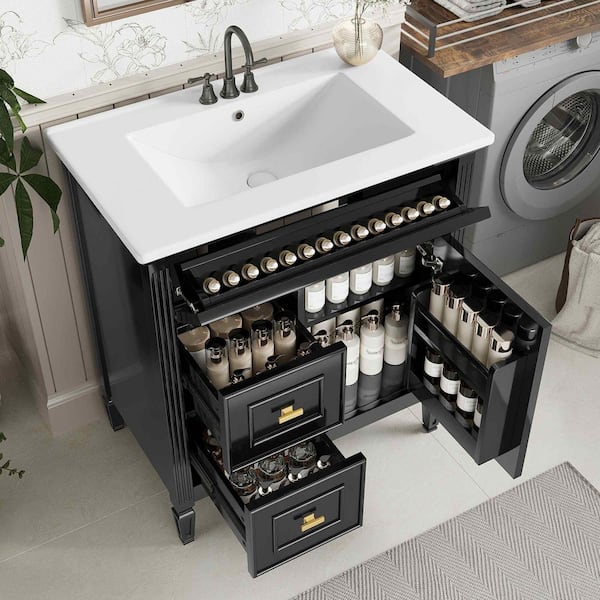 30 in. Freestanding Black Bath Vanity with White Ceramic Top,2-Drawers and Adjustable Shelf