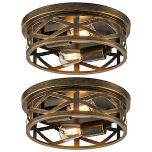 11 in. 2-Light Aged Bronze Flush Mount Farmhouse Metal Cage Ceiling Lights with Adjustable Lamp Holders E26 Bases, 2 pcs