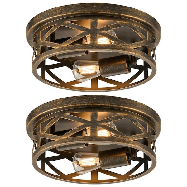 Merra 11 in. 2-Light Aged Bronze Flush Mount Farmhouse Metal Cage Ceiling Lights with Adjustable Lamp Holders E26 Bases, 2 pcs