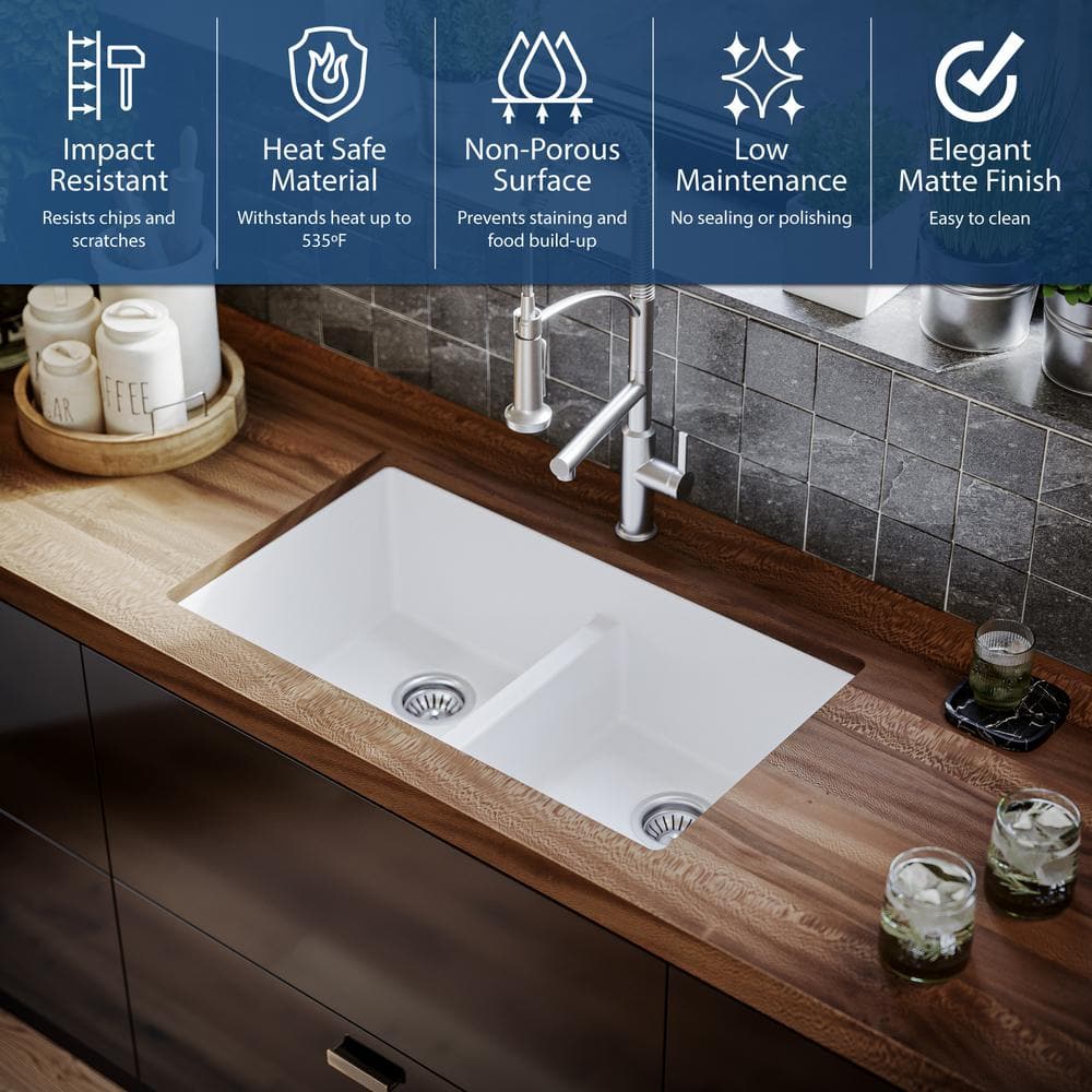 White Quartz Double Bowl Undermount Kitchen Sink, 32"