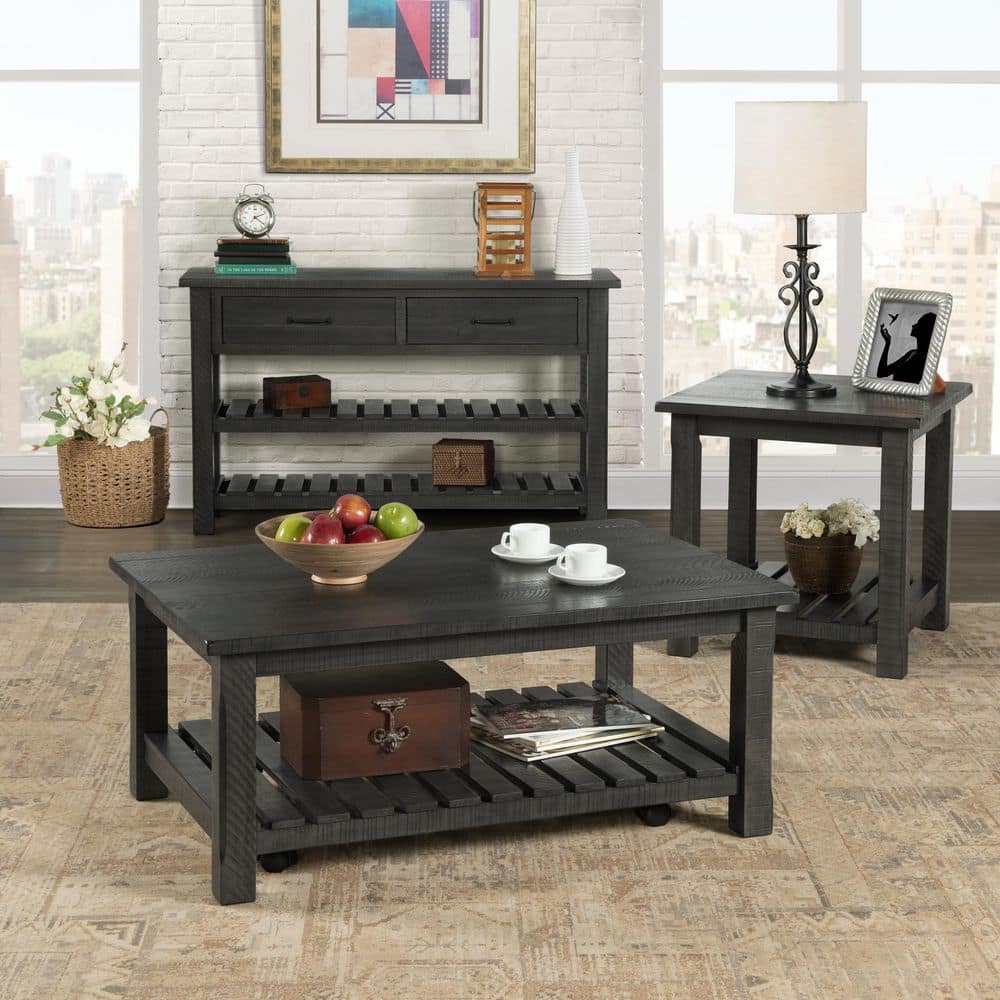 Rustic Farmhouse Gray Solid Pine Console Table with Storage