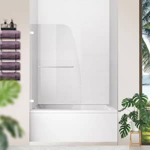 34 in. W x 58 in. H Frameless Hinged Bathtub Door in Clear Glass with Handle, Chrome
