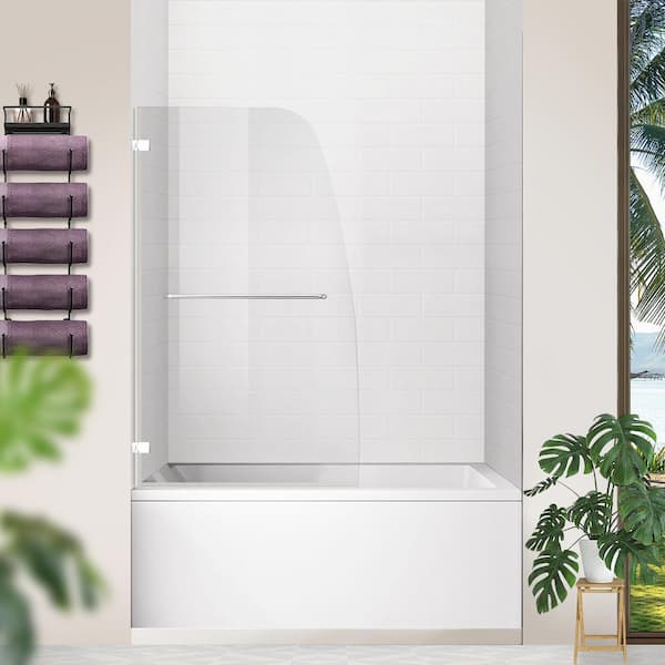 34 in. W x 58 in. H Frameless Hinged Bathtub Door in Clear Glass with Handle, Chrome