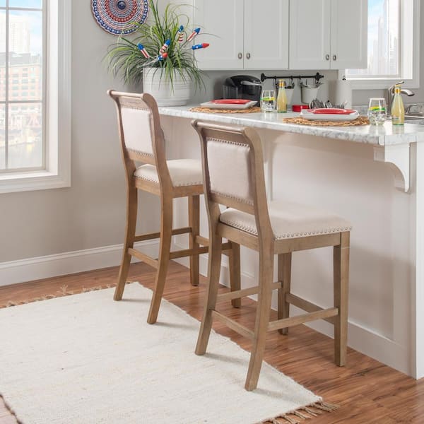 Kendra 30 in. Natural High Back Wood Bar Stool with Fabric Seat