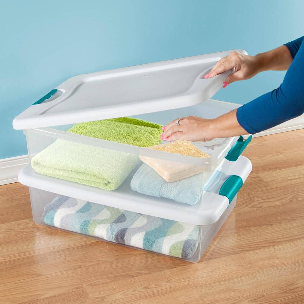 Clear and White 32-Quart Stackable Plastic Latching Storage Box