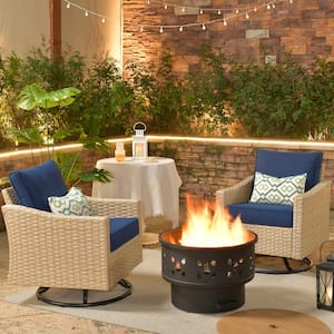 Camelia Beige 3-Piece Wicker Patio Fire Pit Swivel Rocking Chair Seating Set with Navy Blue Cushions