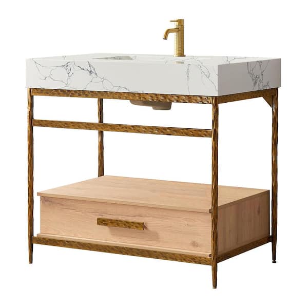 Dhaka 36 in. W x 22 in. D x 33.9 in. H Single Bath Vanity in Yellow Bronze Metal Support with White Composite Stone Top