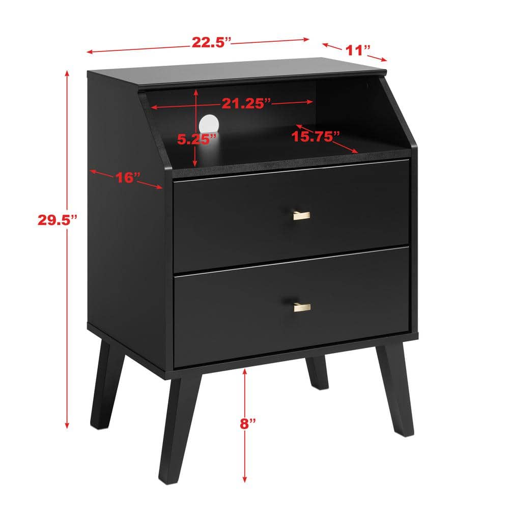 Milo Mid-Century Modern Black 2-Drawer Nightstand with Brass Knobs