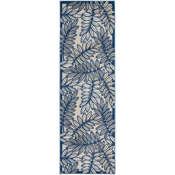 Nourison Aloha Ivory/Navy 2 ft. x 8 ft. Kitchen Runner Floral Contemporary Indoor/Outdoor Patio Area Rug