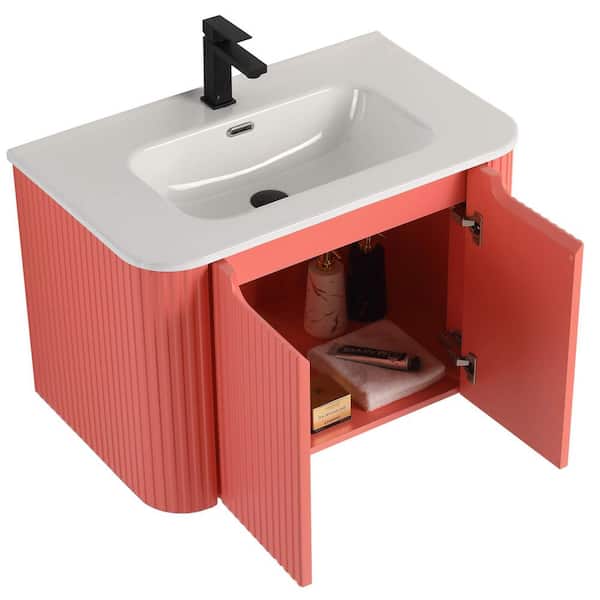 Caskvalley 30 in. Floating Bath Vanity in Coral Pink with White Ceramic Sink Top Assembled