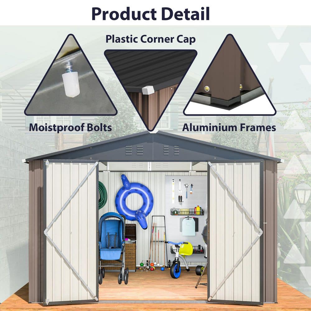10' x 10' Brown Metal Garden Storage Shed with Double Doors