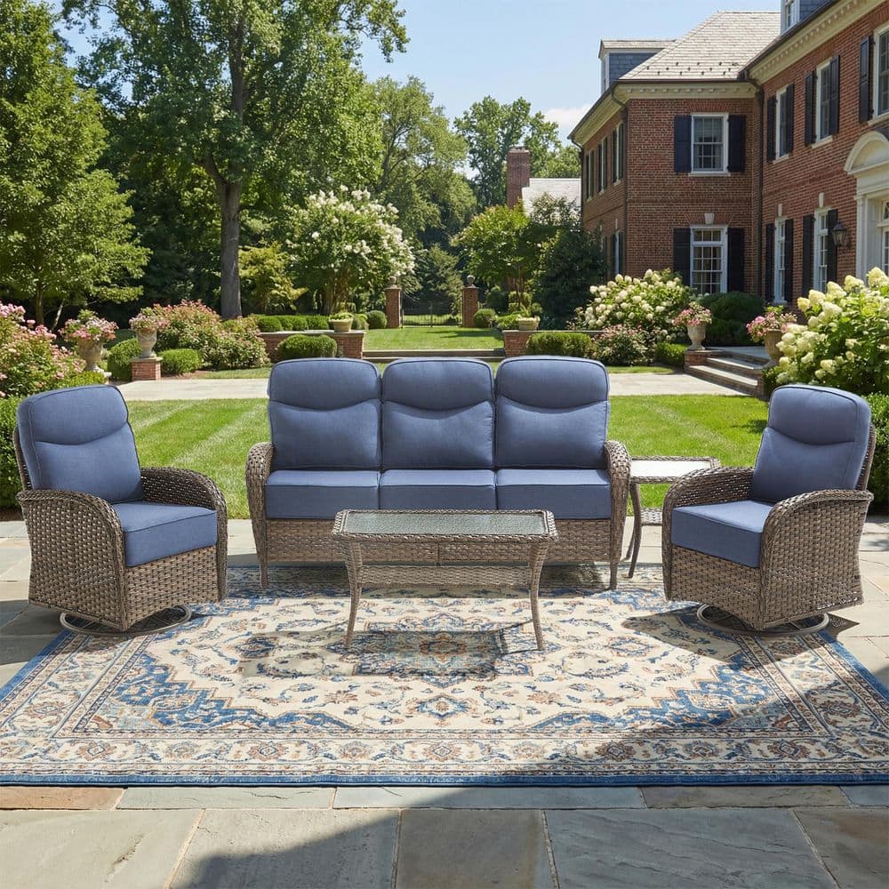 Goyal Brown 5-Piece Wicker Patio Conversation Set with Swivel Rockers, Outdoor Sofa Seating Set with Blue Cushions price history on PriceWatchPro