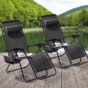 Folding Zero Gravity Metal Frame Recliner Outdoor Lounge Chair With Side Tray, Adjustable Headrest in Black (2-pack）