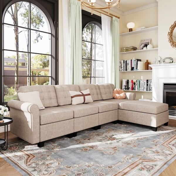 PHI VILLA 102.2 in. Modern 5-Piece Linen Sectional Sofa with 1-Ottoman in Beige