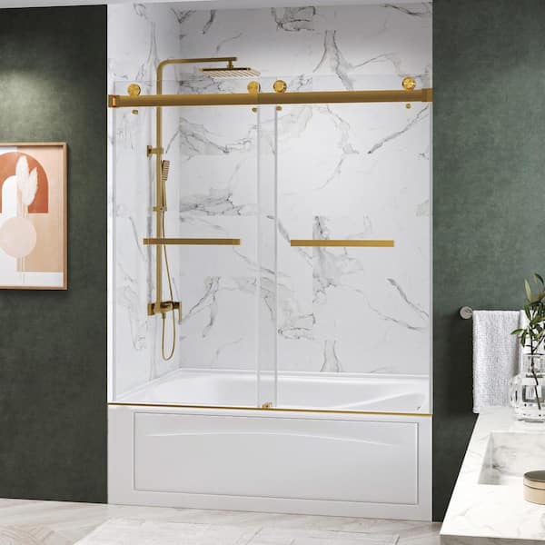 Kobiworks Catalyst 60 in. W x 72 in. H Double Sliding Frameless Tub Door in Brushed Gold with 3/8 in. Clear Glass