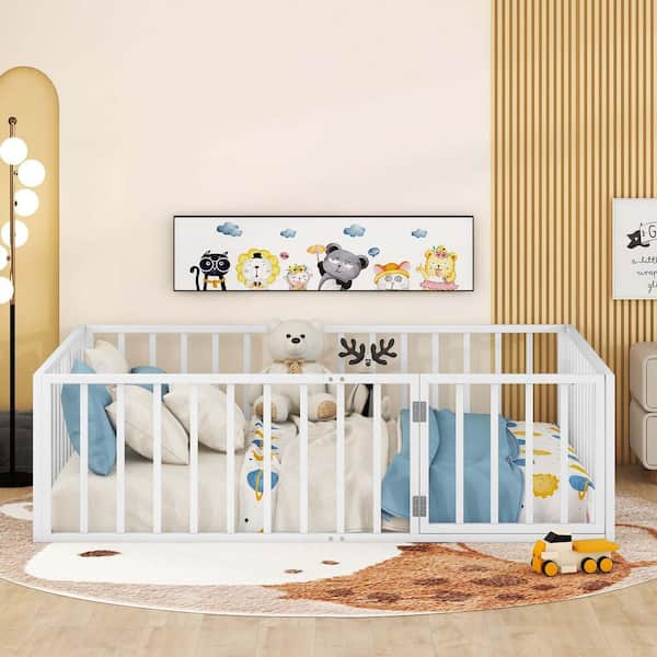 White Metal Frame Full Platform Bed with Fence and Door