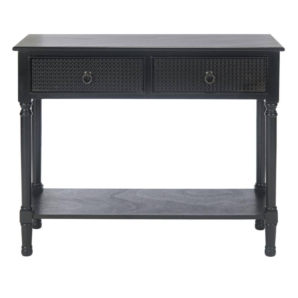 Elegant Black Metal and Wood Console Table with Carved Storage Drawers