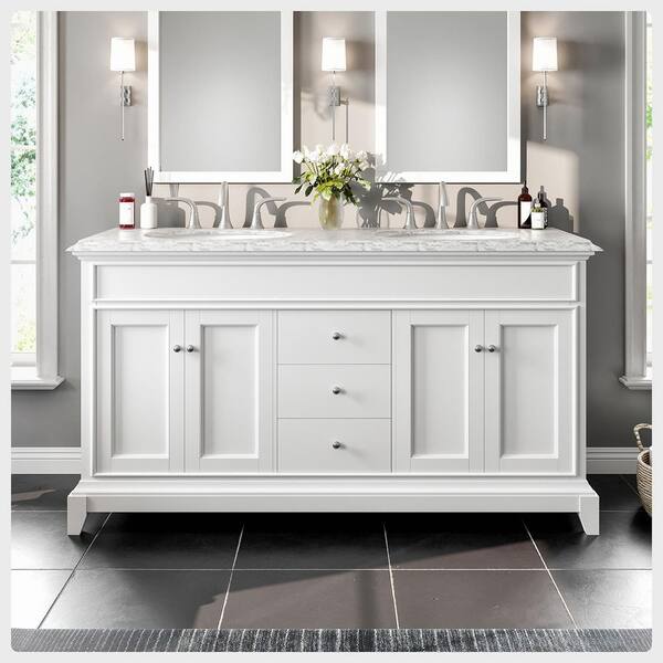 Eviva Elite Stamford 60 in. W x  in. D x 36 in. H Vanity in White with  Carrera Marble Top in White with White Basin EVVN709-60WH - The Home Depot