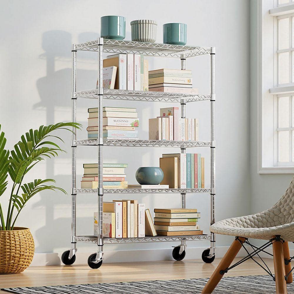 Tileon 5-Tier Utility Shelving Unit with Wheels, Steel Organizer