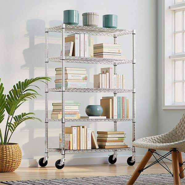 5-Tier Utility Shelving Unit with Wheels, Steel Organizer Wire Rack for Home, Kitchen, Office, Garage in Chrome